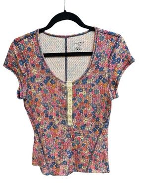 Natural Life Women’s Reagan Henley Shirt Floral Thermal Knit Medium